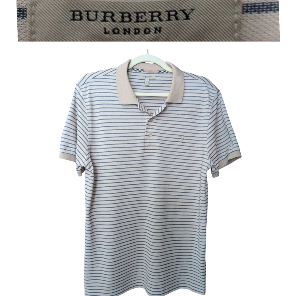 Authentic Burberry Polo Blue and Cream Striped Shirt Vintage Size Large *flaw